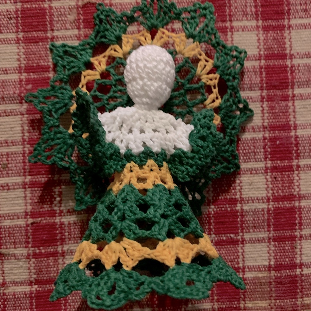 Hand crochet Angel ornament. Green and gold dress with white Angel.